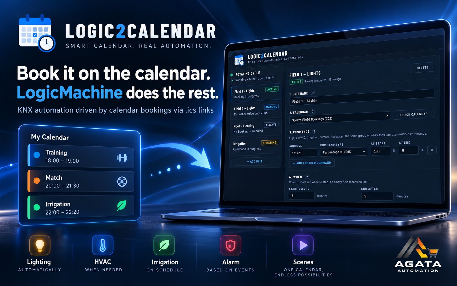 Logic2Calendar: calendar bookings drive lights, HVAC, irrigation, alarms and KNX scenes through LogicMachine